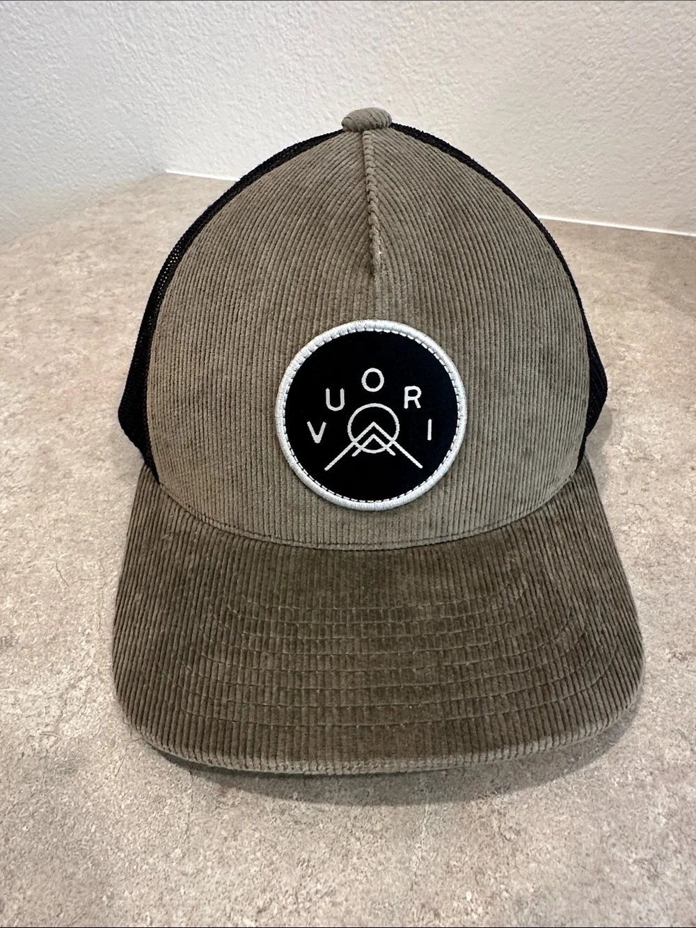 Vuori Olive Corduroy Patch Trucker Hat with Black Mesh